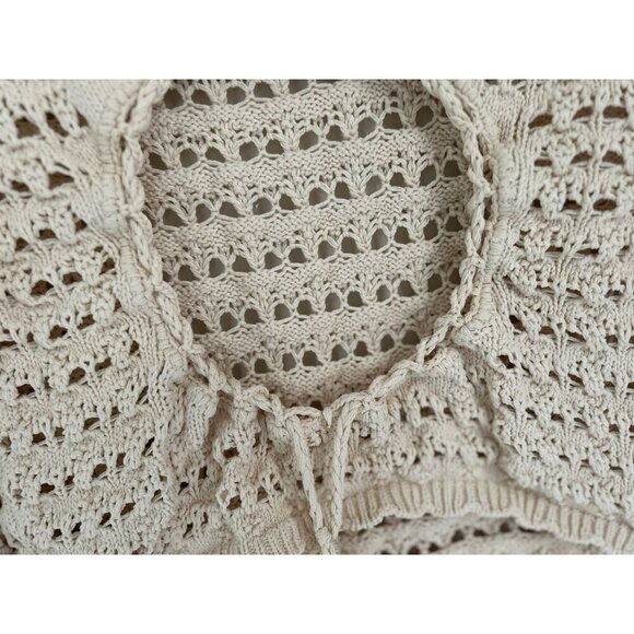 Free People Beach Crop Top Crochet Knit Open Back & Adjustable Tie Beige Long Sl - Picture 5 of 10
